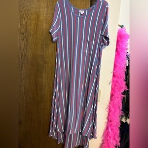 Two Lularoe XL Carly swing dresses. one striped, one heathered.